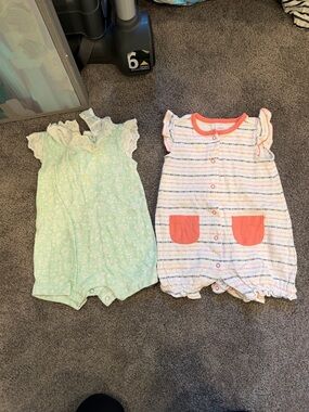 Baby Girl Summer Romper Duo - Mint Floral & Striped Coral Pocket